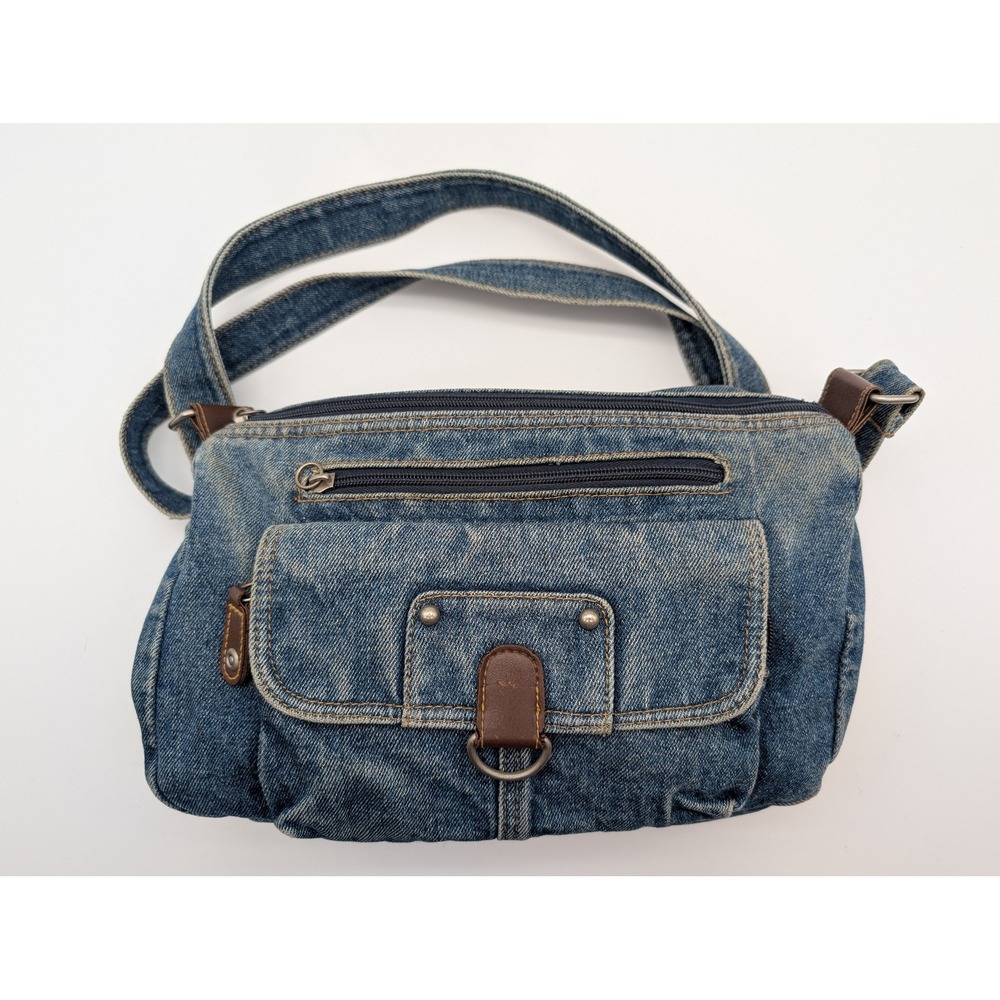 Vintage Blue Denim Shoulder Bag Y2K Multi Pocket Crossbody Faux Leather Trim